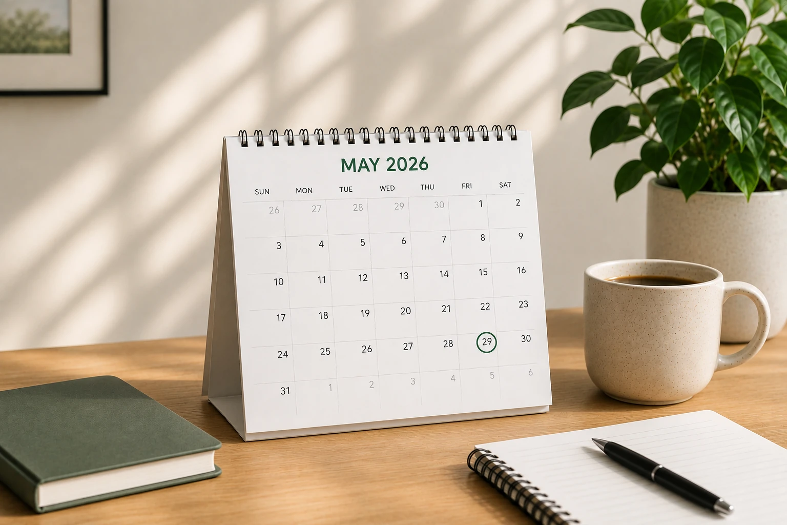 A desk calendar with a filing date circled