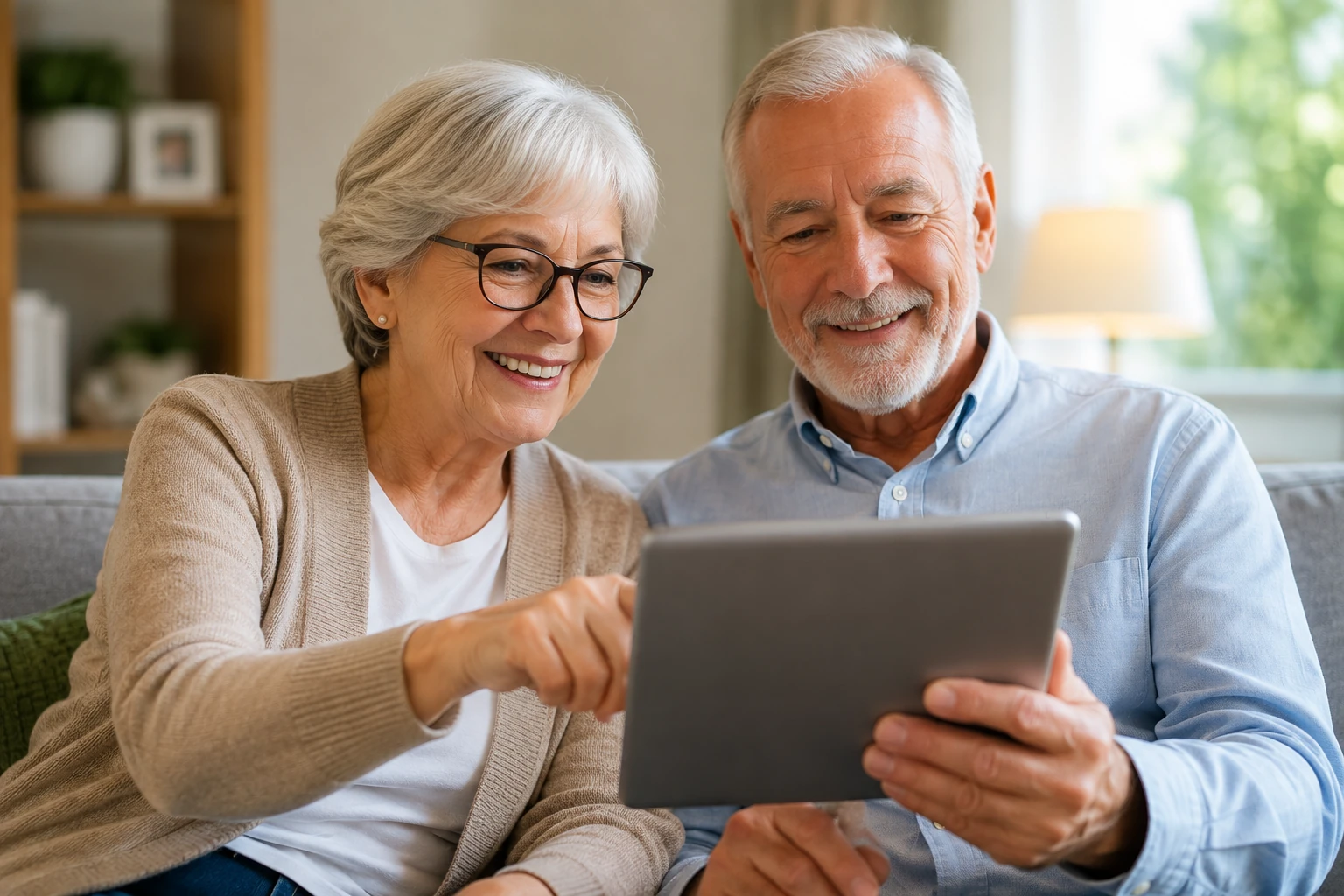 Older homeowners together in the living room of their own home