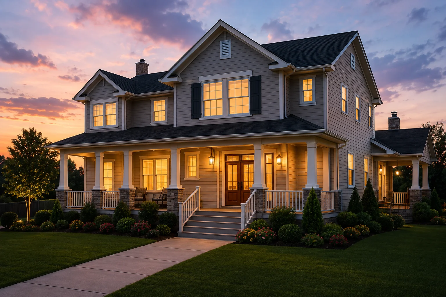 A family home lit at dusk, the property a check starts from