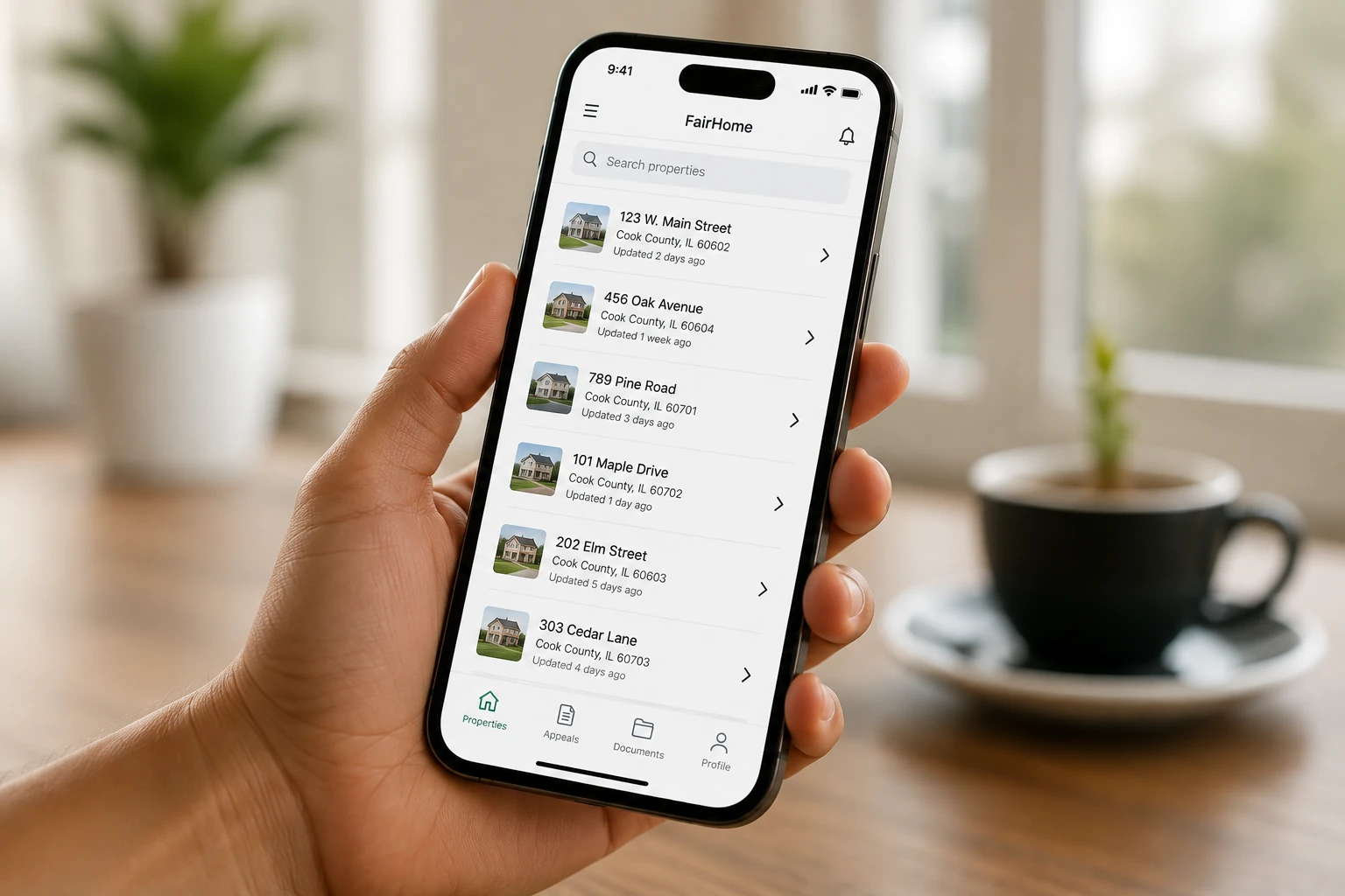 A homeowner reviewing their properties in FairHome on a phone