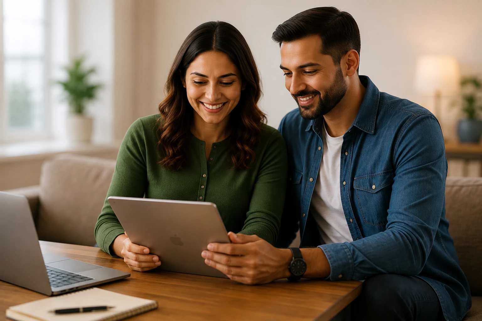 Two homeowners reviewing property information together on a tablet
