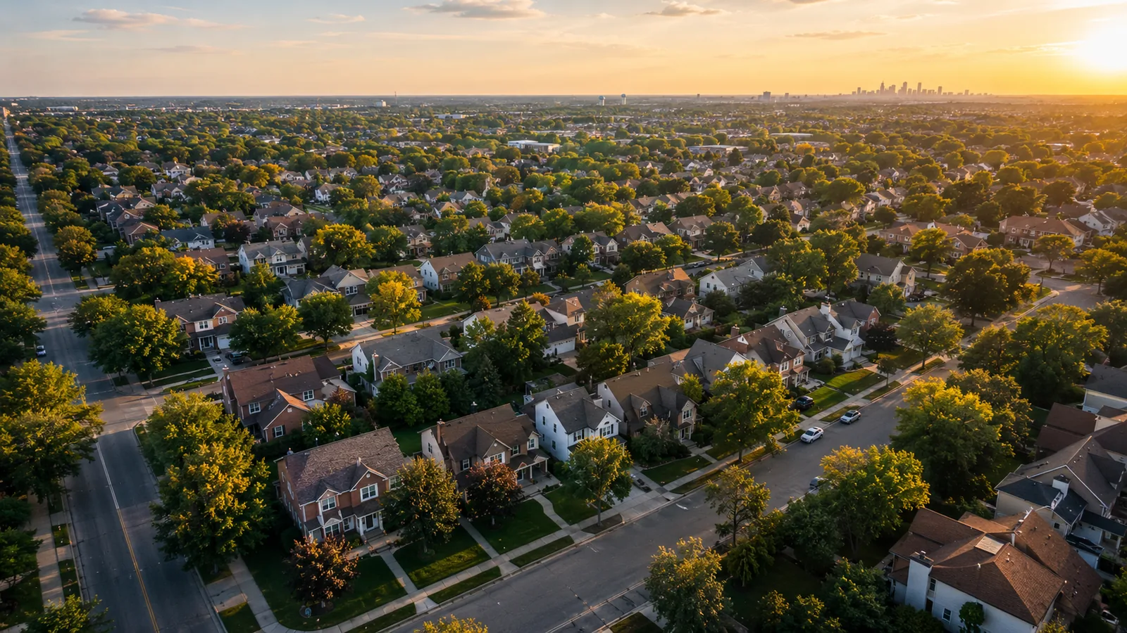 An aerial view of a suburban neighborhood at golden hour